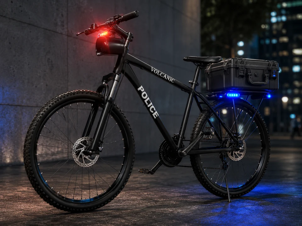Illustration of a pedal patrol bike fitted with warning lights, a front siren and a rear equipment case.
