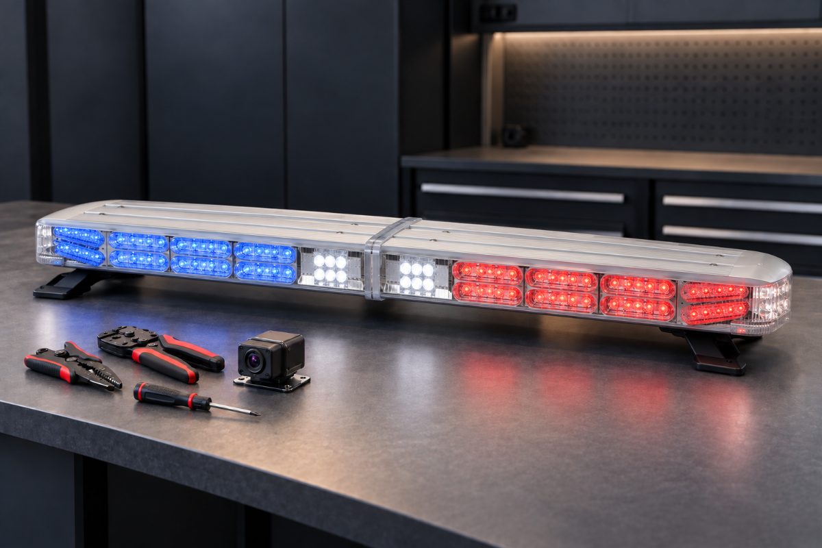 Whelen Lightbar on a workshop bench with a compact camera and installation tools