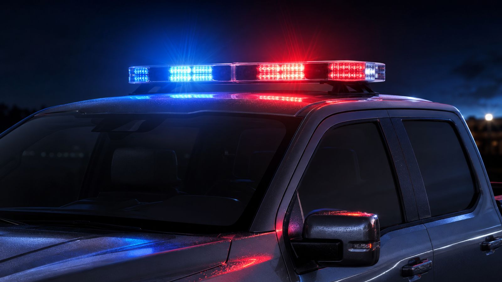 IRIS camera-integrated Whelen lightbar on the roof of a dark pickup truck at night, warning lights on