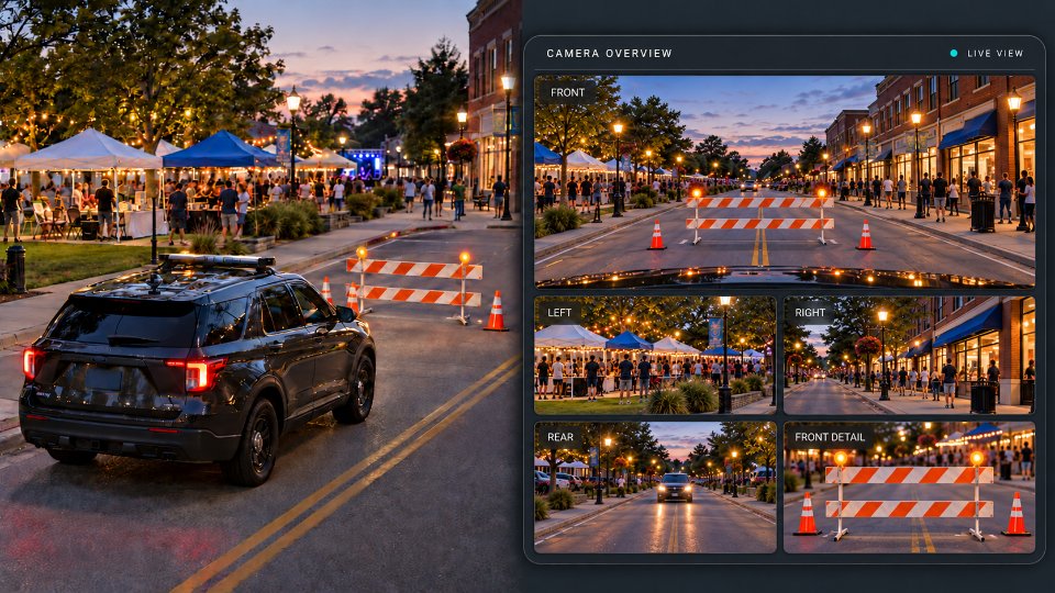 Illustration: a patrol vehicle stationed at a road closure beside a community event at dusk, with a camera overview showing front, left, right, rear and front detail views.