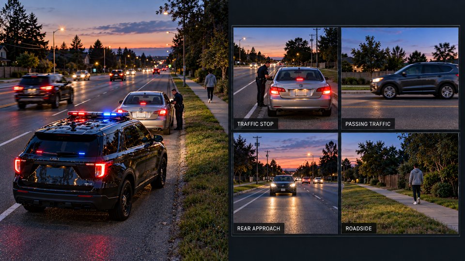 Illustration: a patrol vehicle behind a stopped car at dusk, with camera views labelled traffic stop, passing traffic, rear approach and roadside.
