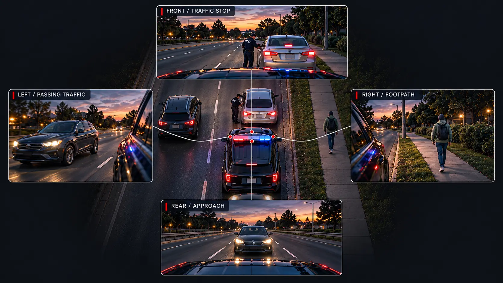 Illustration: a patrol vehicle behind a stopped car at dusk, with four camera views labelled front / traffic stop, left / passing traffic, right / footpath and rear / approach.